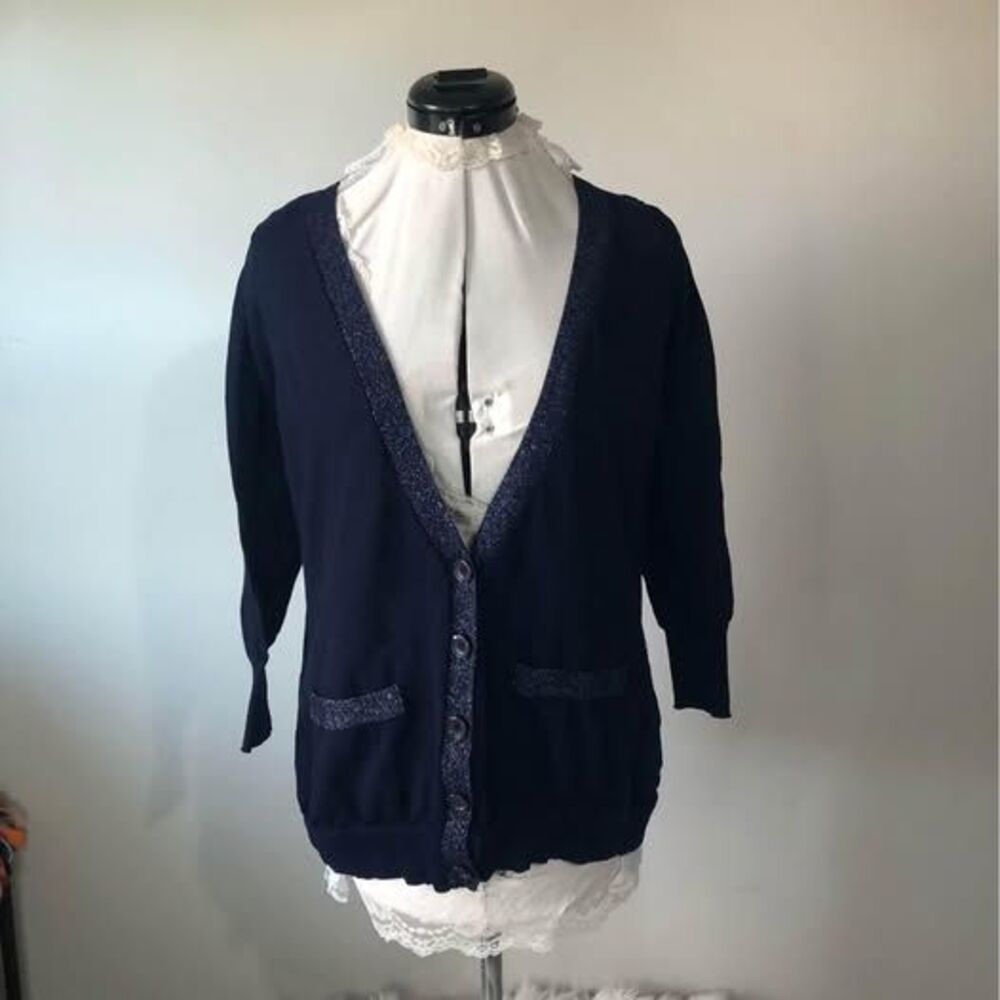 Cardigan w/ Pockets XL Blue Dot 3/4 Sleeve Button‑Up, 22”P-P, 27” Length C5915